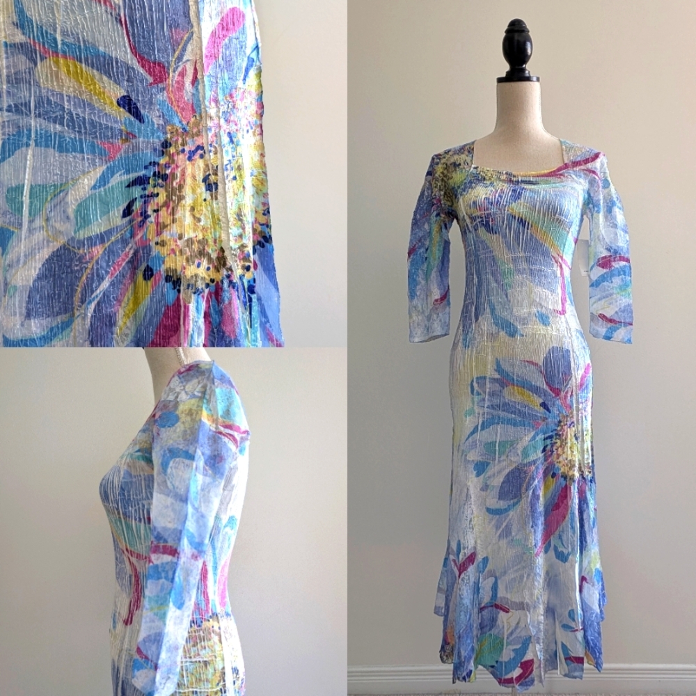 NWT Komarov Lace Sleeves Charmeuse & Chiffon Midi Dress XS